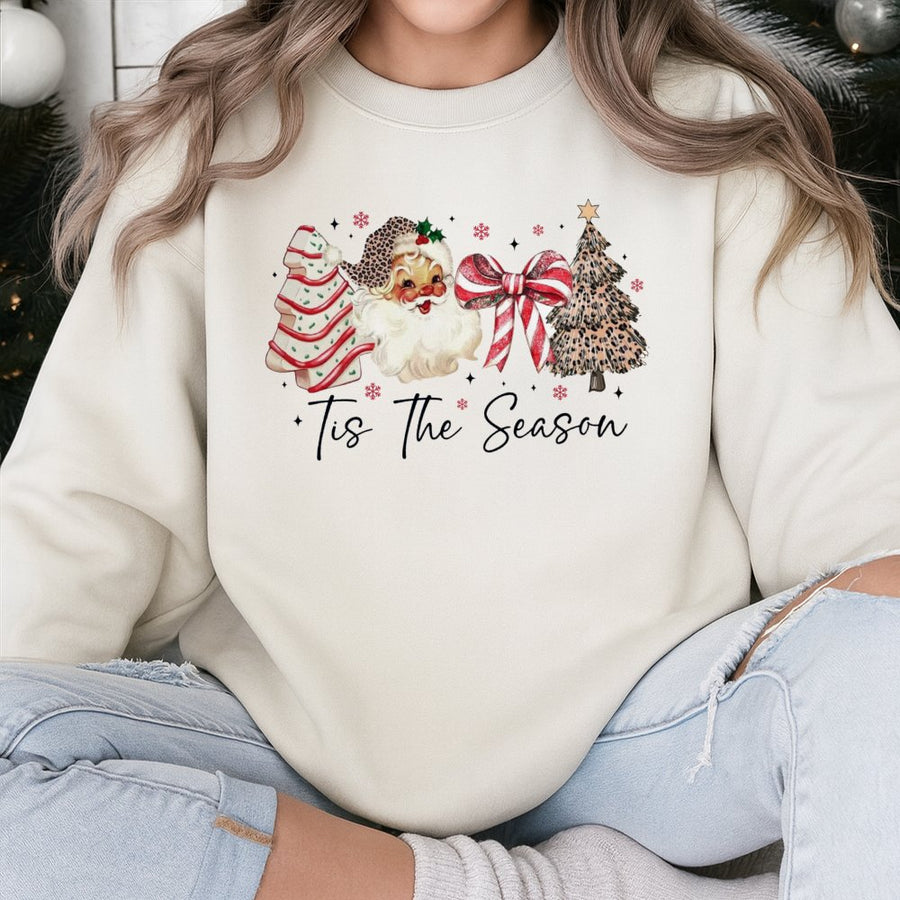 Tis The Season Christmas Sweatshirt | Retro Santa Leopard Print Graphic | Premium Cotton Blend | Holiday Gift For Her