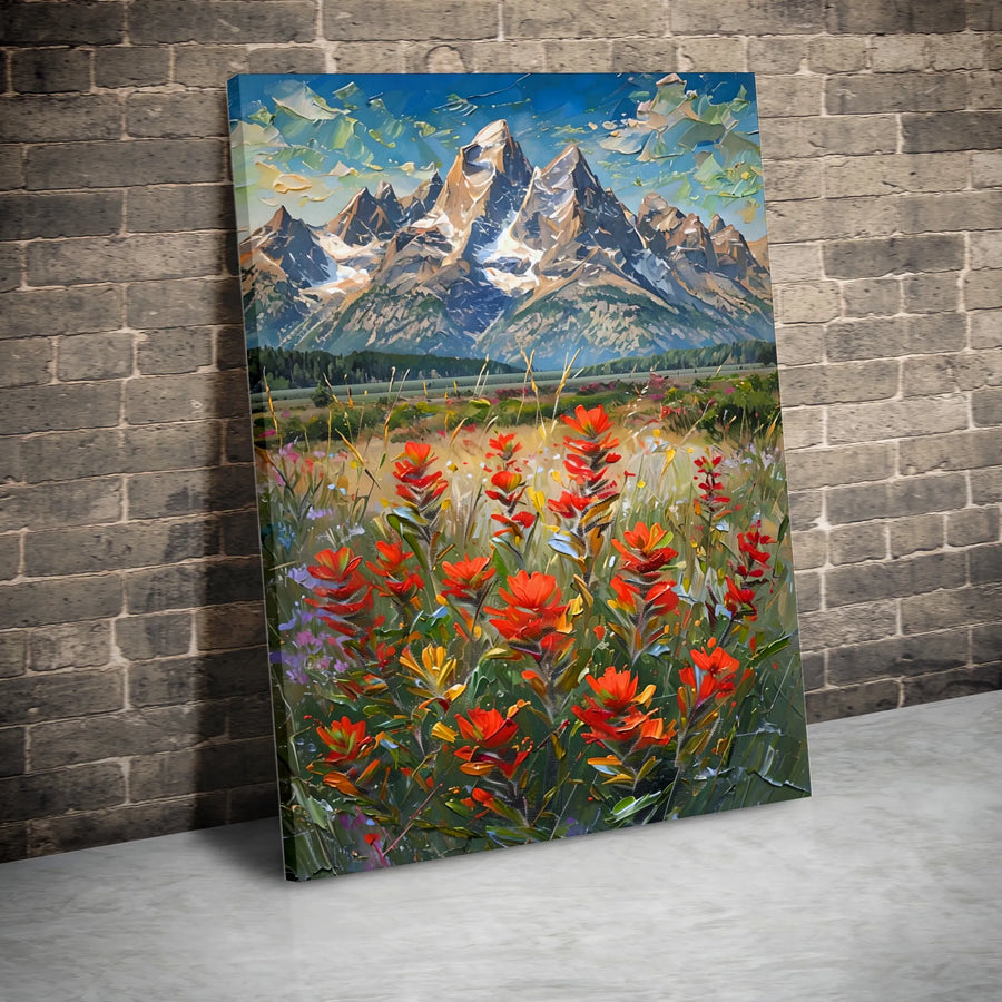 Grand Teton Mountain Canvas Art | Impasto Wildflower Meadow Print | Premium Gallery-Wrapped Wall Decor | Western Landscape Gift for Home Office