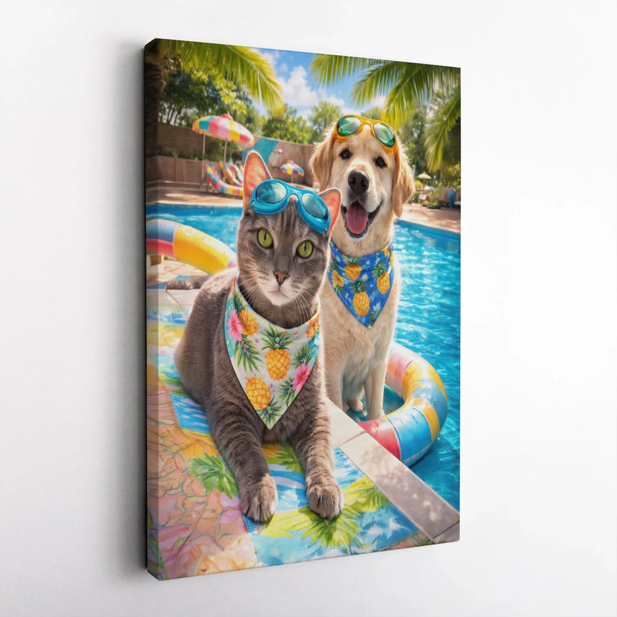 Funny Cat and Dog Canvas Print | Summer Pool Party Pets with Sunglasses | Premium Gallery Canvas | Humorous Home Decor Gift for Pet Lovers