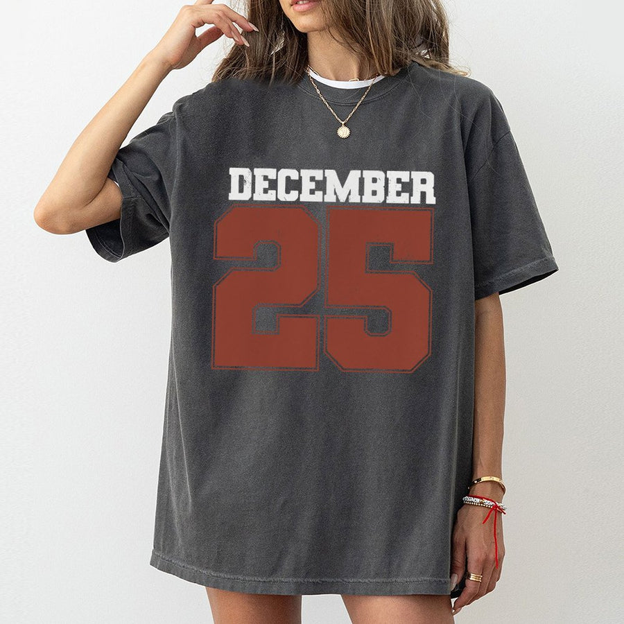 December 25 T-Shirt | Retro Varsity Number Graphic | 100% Cotton Premium Tee | Unisex Holiday Gift for Christmas Morning