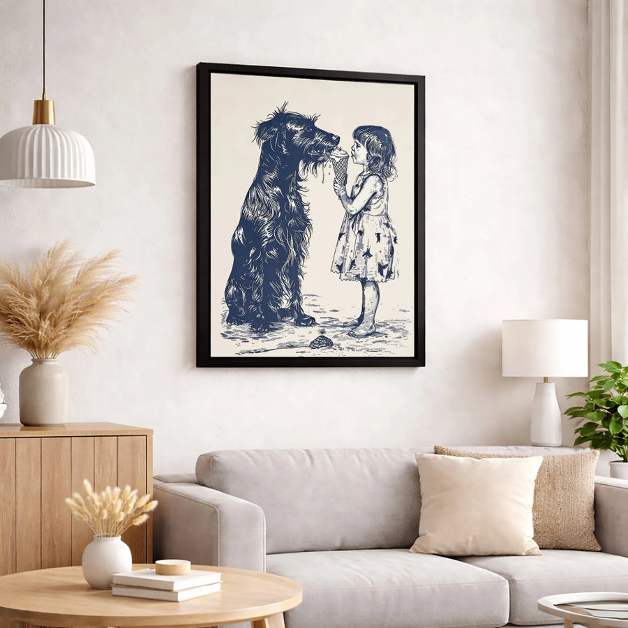Girl And Dog Ice Cream Canvas Print | Vintage Sketch Illustration | Premium 1.25 Inch Gallery Wrap | Heartwarming Wall Art Gift