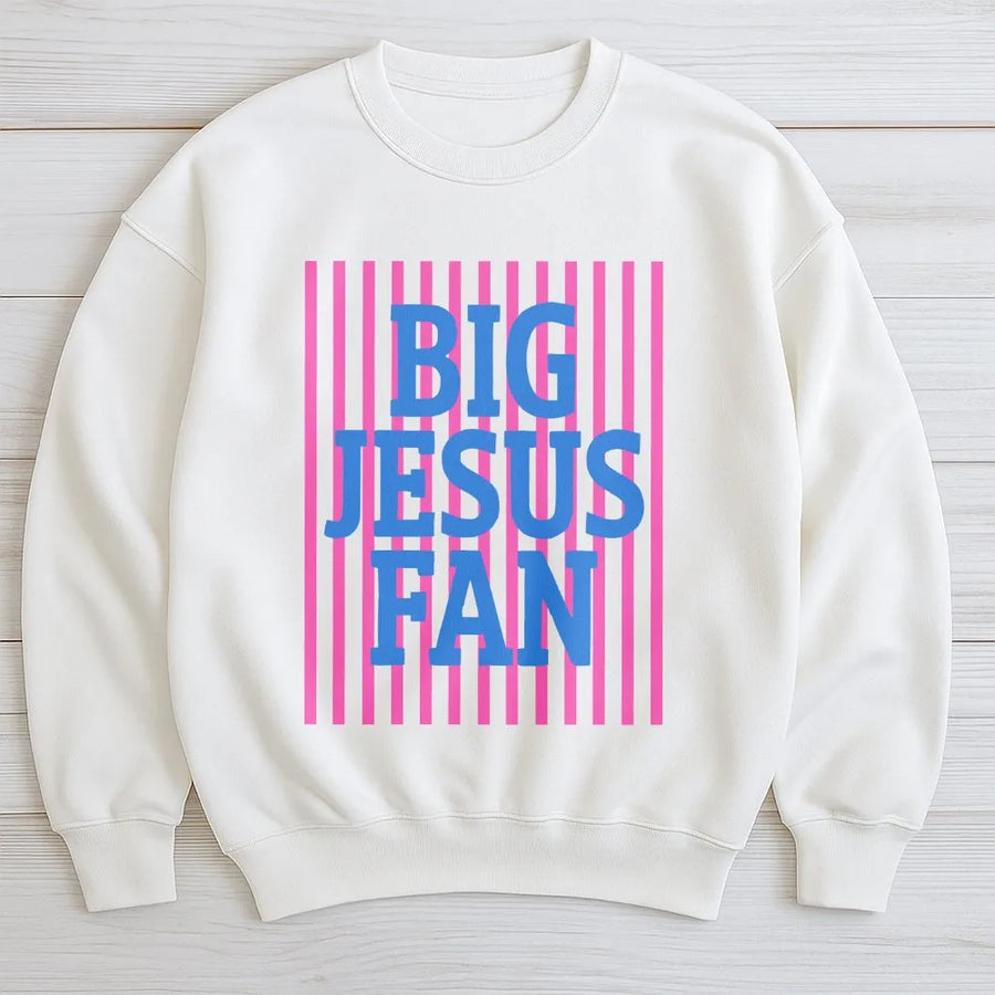 Big Jesus Fan Sweatshirt | Preppy Striped Christian Graphic | Premium Cotton Blend | Inspirational Faith Gift for Women