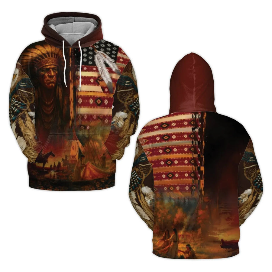 Native American Chief 3D Hoodie | Patriotic Tribal Art Print | Premium Brushed Fleece Lining | Unisex Graphic Sweatshirt Gift for Men and Women