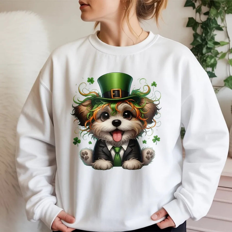St. Patrick's Day Puppy Sweatshirt | Cute Leprechaun Dog Graphic | Premium Cotton-Poly Blend | Festive Irish Gift For Dog Lovers