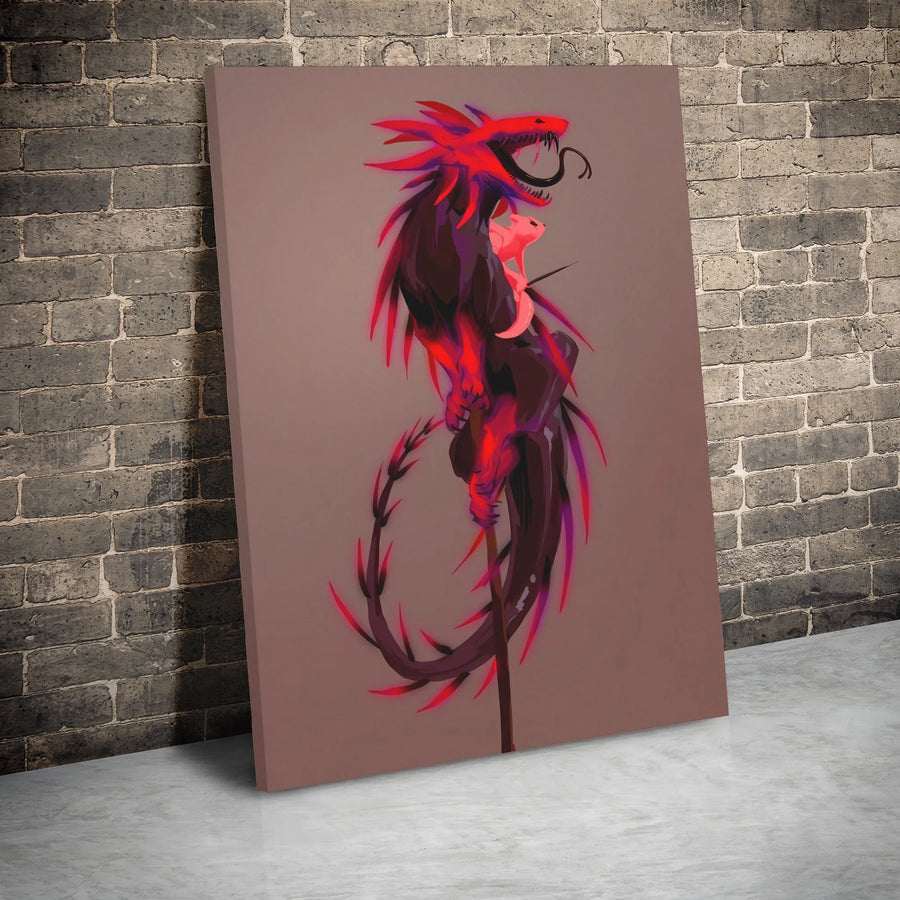 Red Dragon Rider Wall Art | Spiked Fantasy Creature Canvas Print | Gallery-Wrapped Premium Decor | Gamer Room & Bedroom Gift