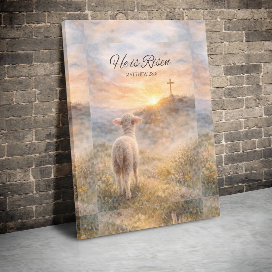 He is Risen Canvas Wall Art | Lamb of God with Cross Watercolor Print | Premium Christian Artwork | Religious Home Decor Gift