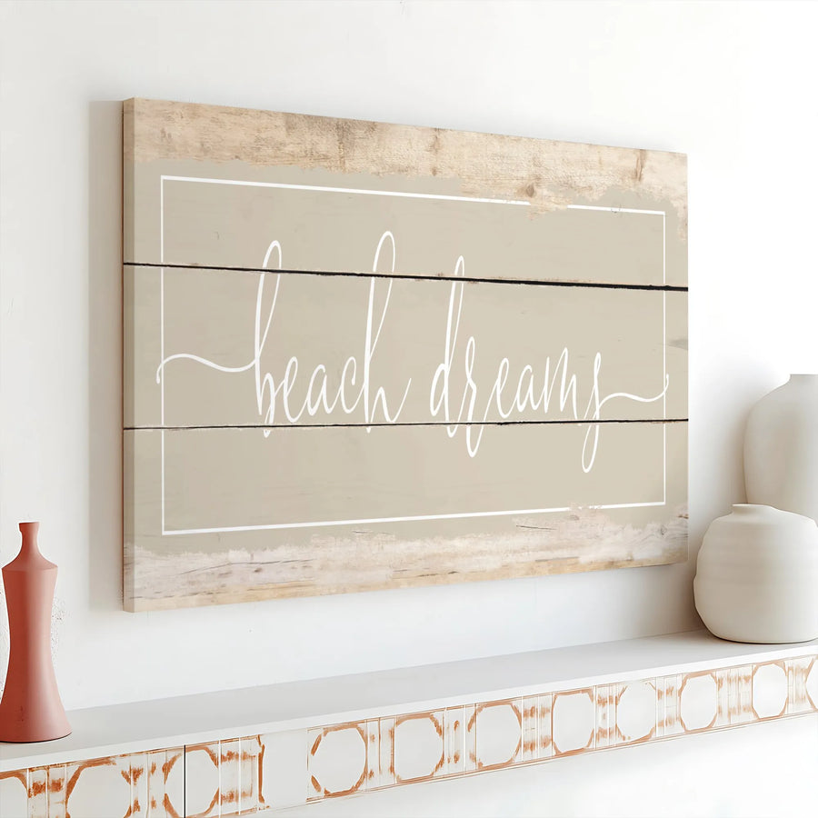 Beach Dreams Canvas Wall Art | Rustic Wood Plank Style with Script Font | Premium Gallery Quality Print | Coastal Farmhouse Living Room Decor Gift