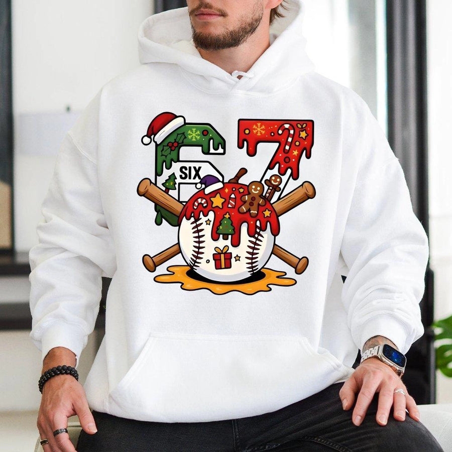 Christmas Baseball Hoodie | 67 Number Design with Santa Hat and Bats | Premium Cotton-Poly Blend | Festive Sports Gift for Baseball Fans