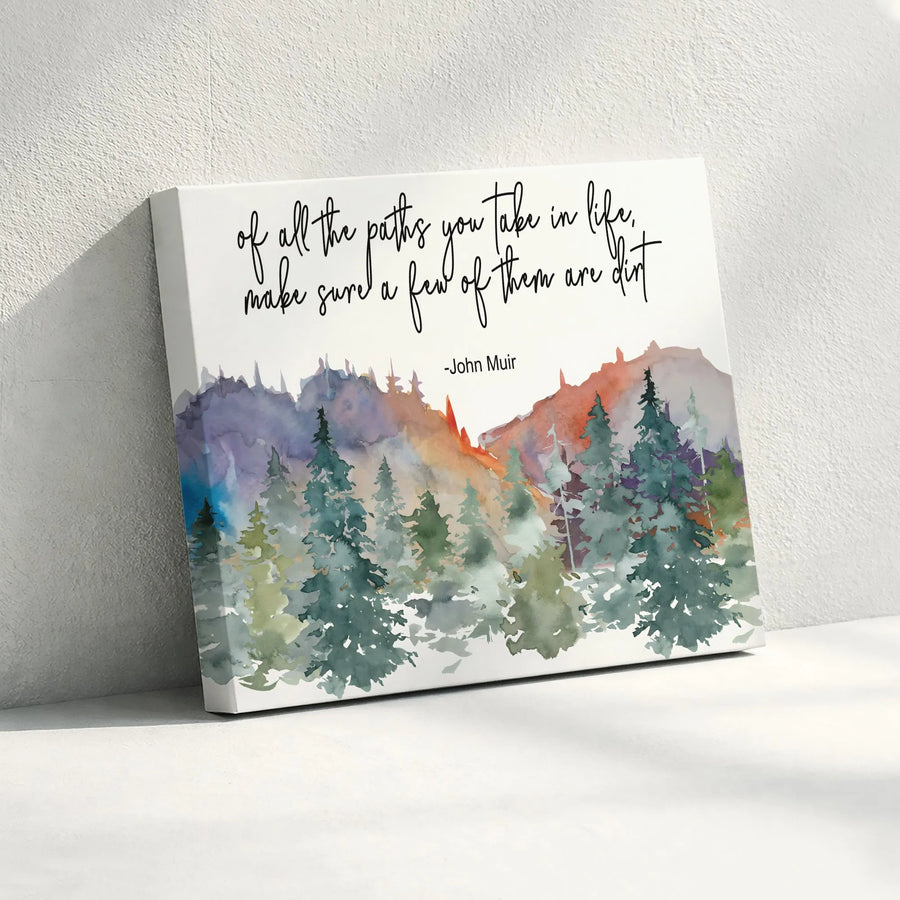 John Muir Quote Horizontal Canvas | Watercolor Forest Mountain Pine Trees Wall Art | Premium 1.25” Thick Frameless Gallery Wrap | Hiking Nature Lover Gift