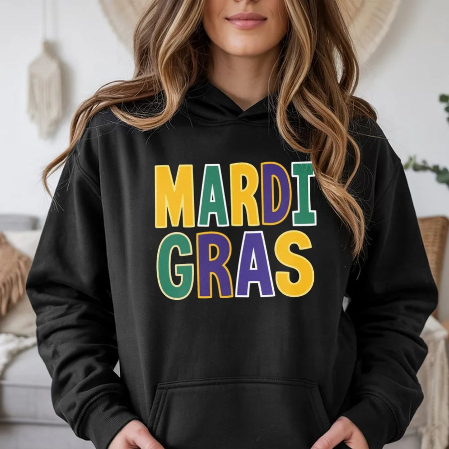 Mardi Gras Hoodie | Bold Color Block Text Festival Graphic | Premium Cotton Blend Fleece | New Orleans Celebration Gift for Women and Men
