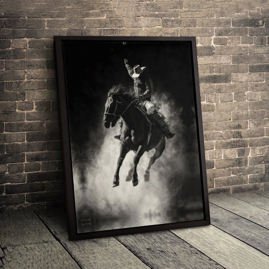 Western Cowboy Rodeo Canvas Wall Art | Black and White Bucking Bronco Action Print | Premium 1.25 Inch Gallery Wrap | Farmhouse Home Office Decor