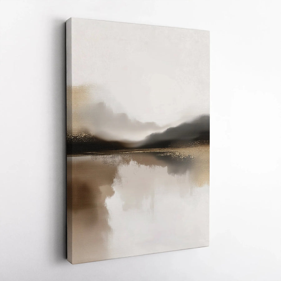 Abstract Landscape Canvas Wall Art | Misty Mountain Reflection with Gold Accents | Premium Gallery Wrapped Canvas | Modern Living Room & Office Decor Gift