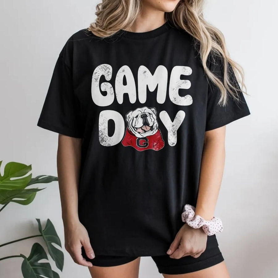 Game Day Bulldog T-Shirt | Vintage Distressed College Football Graphic | Premium Soft Cotton Tee | Cute Dog Fan Apparel Gift for Her and Him
