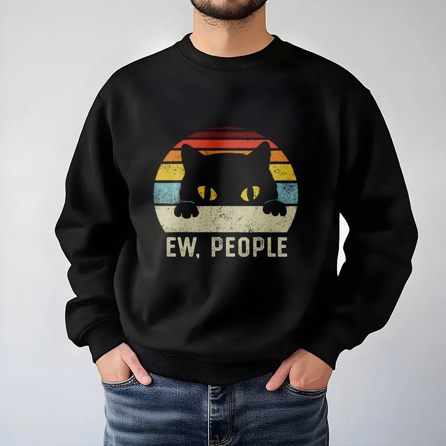 Ew People Cat Sweatshirt | Funny Retro Sunset Design | Premium Cotton-Poly Blend | Anti-Social Introvert Gift for Pet Lovers