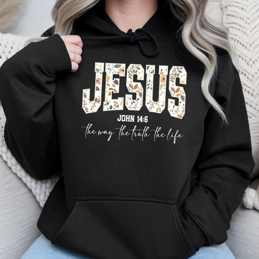 Jesus The Way The Truth The Life Hoodie | Floral Bible Verse Graphic | Premium Cotton Blend | Christian Faith Gift for Men and Women