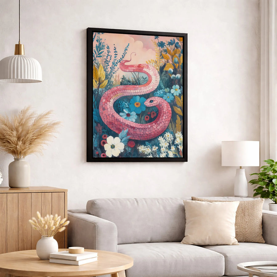 Pink Snake Wall Art | Whimsical Wildflower Garden Print | Gallery-Quality Canvas | Unique Nature Lover Home Decor Gift