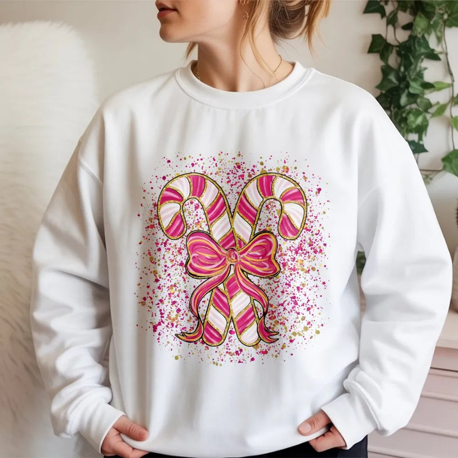 Pink Candy Cane Sweatshirt | Coquette Aesthetic Christmas Bow | Premium Cotton Blend | Holiday Gift for Women and Teens