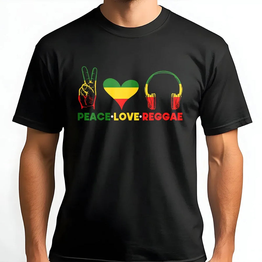 Peace Love Reggae Graphic T-Shirt | Rasta Colors Music Design | Premium 100% Cotton Tee | Unisex Festival Gift for Music Lovers