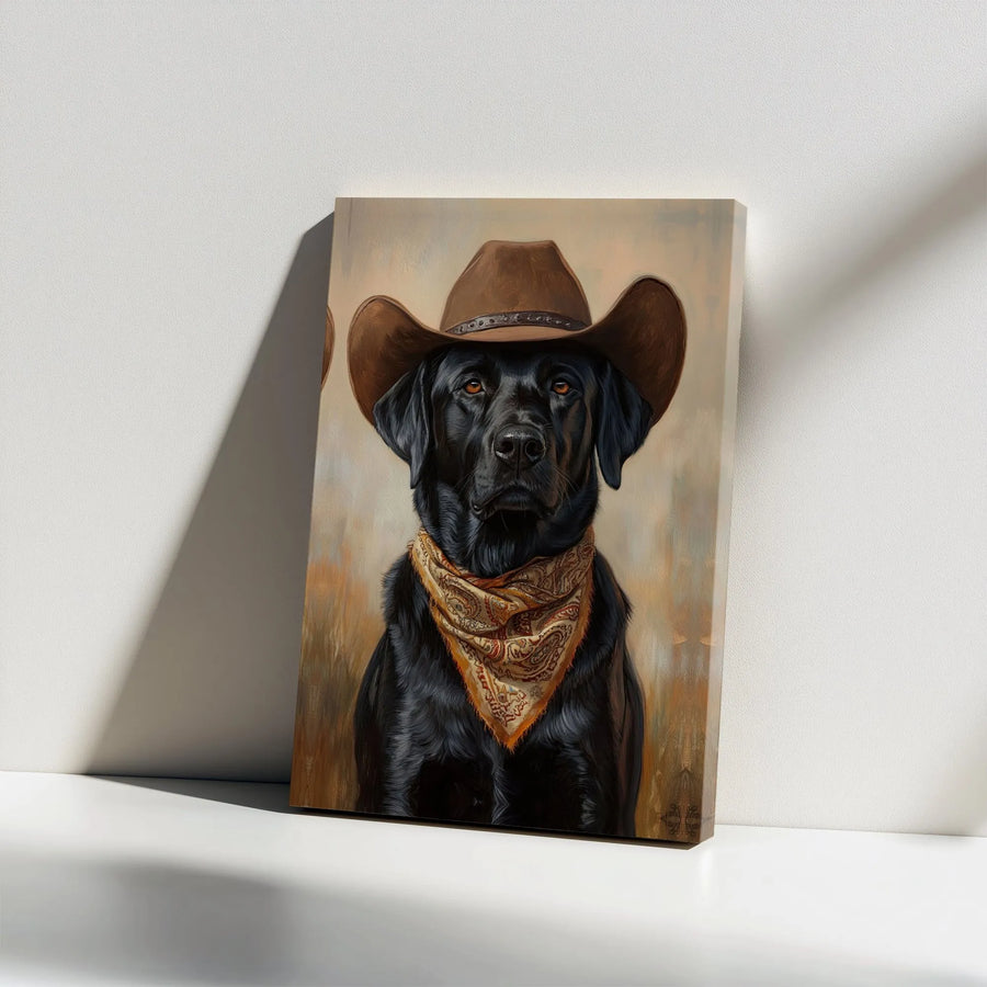 Black Labrador Cowboy Canvas Print | Western Dog Portrait with Hat | Premium Gallery Wrapped Art | Gift for Dog Lover & Rustic Home Decor