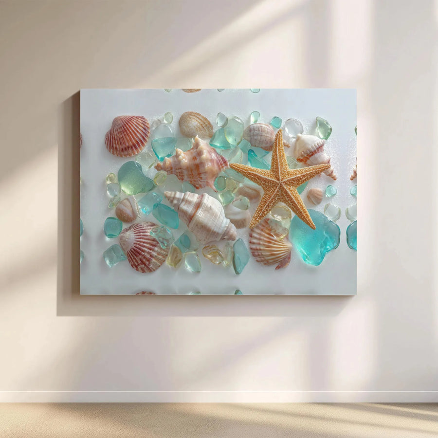 Seashell and Sea Glass Canvas Print | Realistic Coastal Still Life Art | Premium Gallery Wrapped Canvas | Beach House & Bathroom Decor
