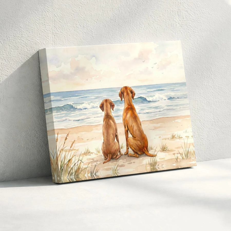 Watercolor Dogs on Beach Horizontal Canvas | Coastal Golden Retriever Vizsla Ocean Wall Art | 1.25" Gallery Wrap Matte Print | Serene Seaside Decor Gift for Dog Lovers
