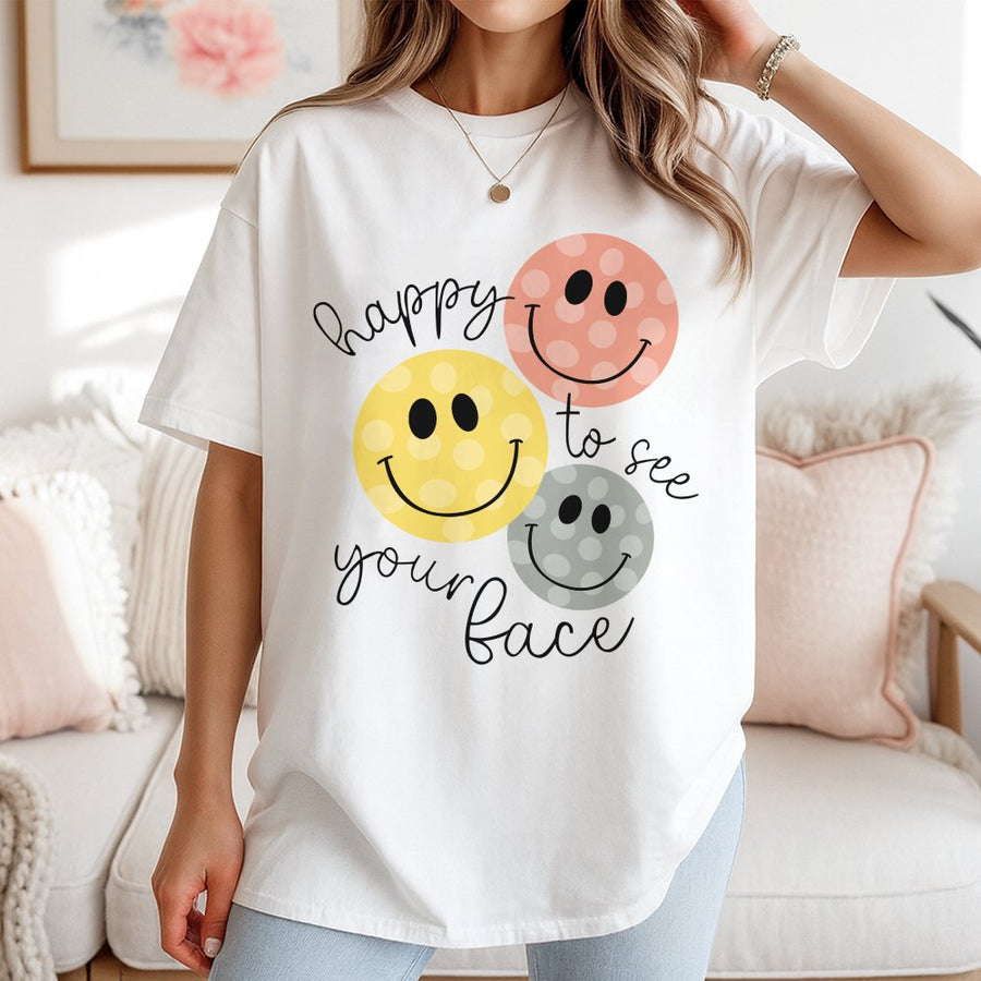 Happy To See Your Face T-Shirt | Retro Smiley Teacher Apparel | 100% Cotton Premium Tee | Back To School Gift For Educators
