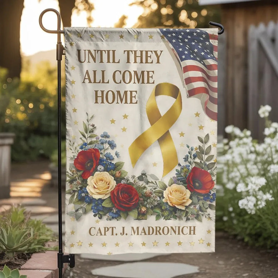 Military Support Garden Flag | Until They All Come Home Yellow Ribbon | Double Sided Polyester Fabric | Premium Patriotic Gift for Veteran Families
