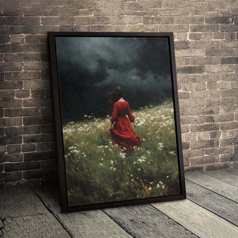 Woman In Red Dress Canvas Art | Moody Stormy Field Landscape Print | Gallery-Quality 1.25" Profile | Modern Aesthetic Home Decor Gift