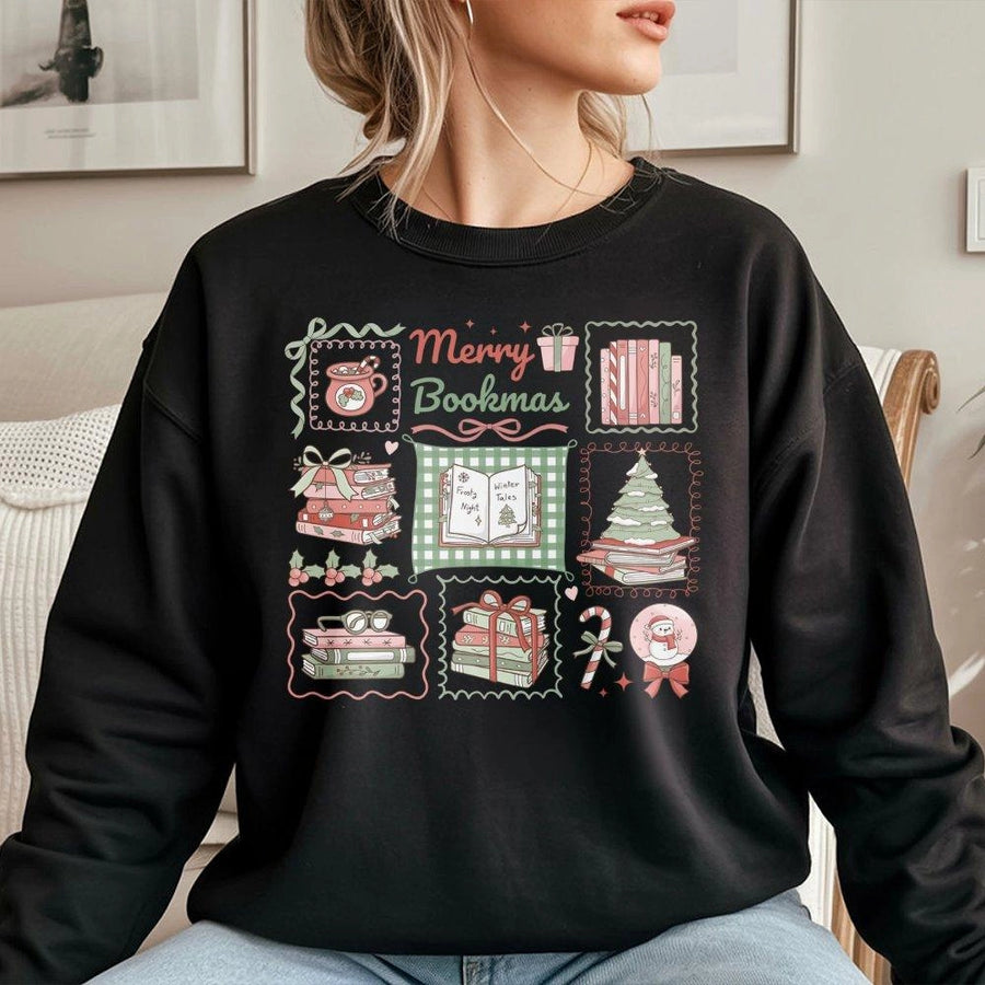 Merry Bookmas Sweatshirt | Cozy Book Lover Christmas Design | Premium Cotton Blend | Gift for Readers, Librarians, Bookworms