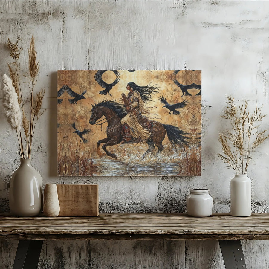 Native American Woman Wall Art | Horse and Raven Spirit Canvas Print | Premium Gallery Wrapped Decor | Southwestern Fine Art Gift for Home