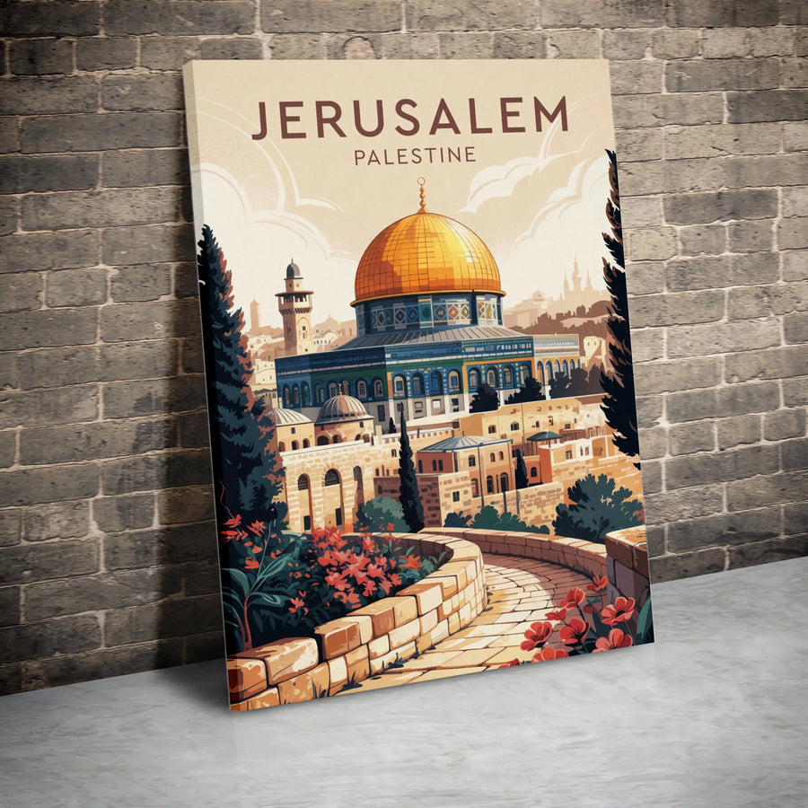 Jerusalem Palestine Vertical Canvas | Vintage Travel Poster Art with Dome of the Rock | Premium Gallery Wrapped Print | Home Decor Wall Art Gift