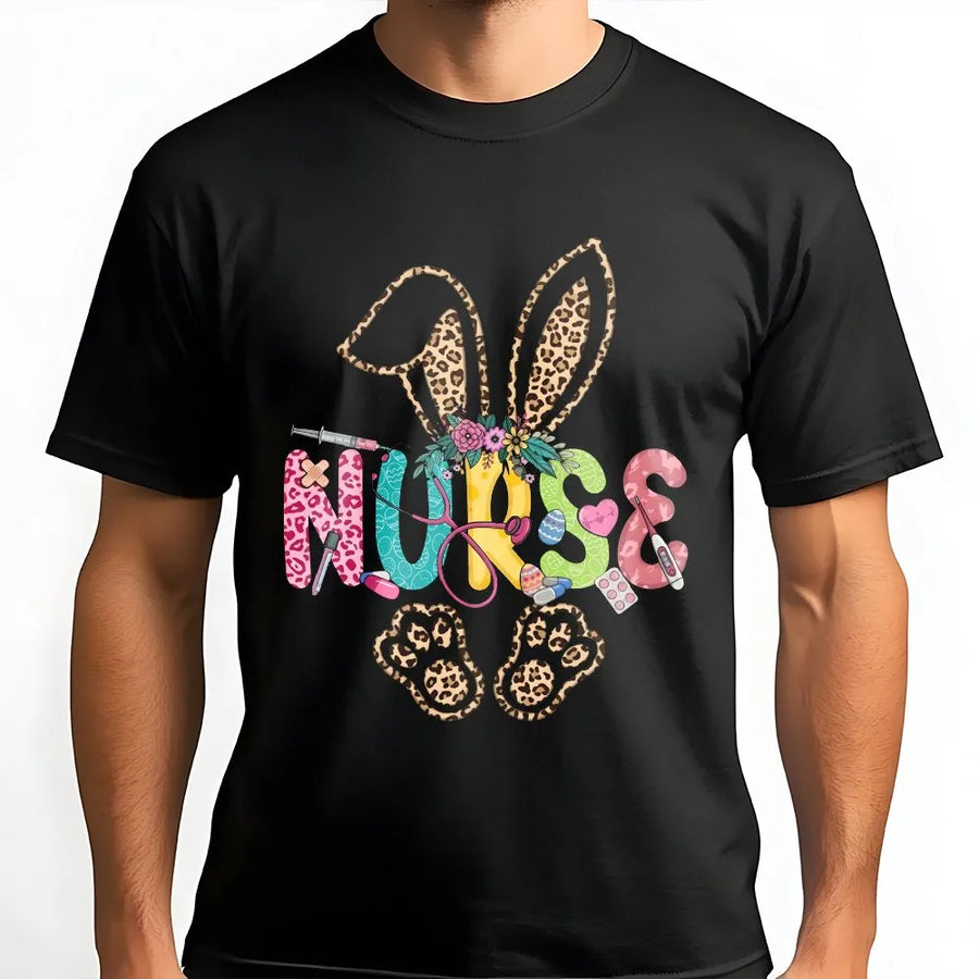 Easter Nurse T-Shirt | Leopard Bunny Ears Stethoscope Design | Premium Cotton Soft Tee | Cute Nursing School Gift for Her