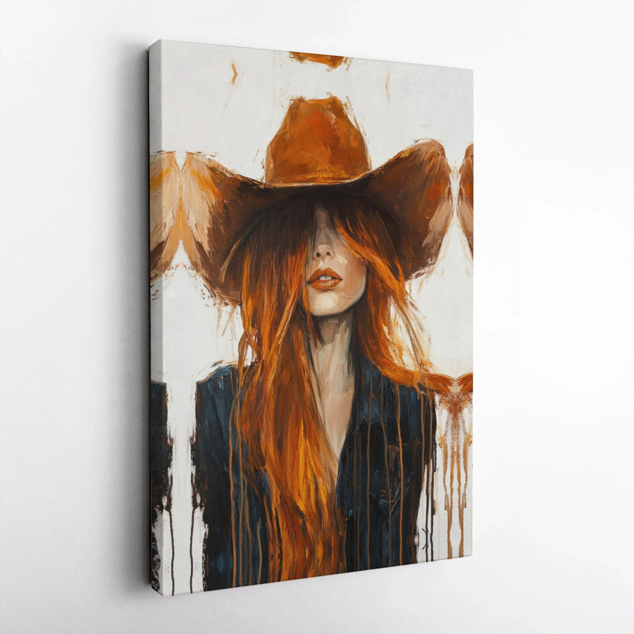 Cowgirl Portrait Canvas Wall Art | Abstract Redhead Woman in Cowboy Hat | Premium Gallery-Wrapped Print | Western Boho Home Decor Gift