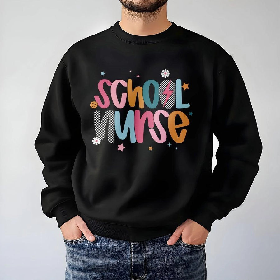 School Nurse Sweatshirt | Retro Groovy Aesthetic Graphic | Soft Cotton Blend Premium Pullover | Back To School Nursing Graduation Gift