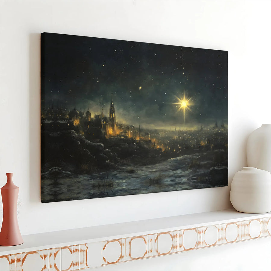 Star Of Bethlehem Canvas Wall Art | Snowy Christmas Nativity Scene | Premium Gallery Wrap Print | Religious Holiday Home Decor Gift