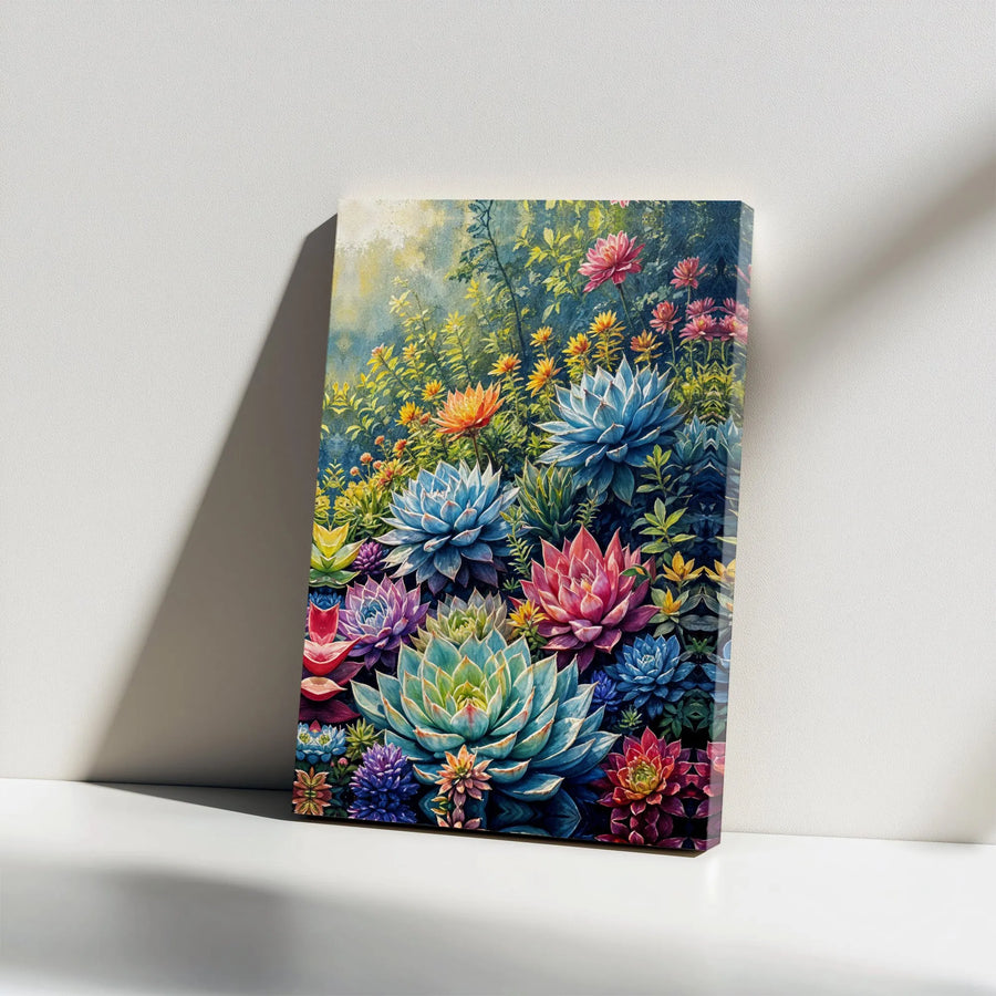 Vibrant Succulent Garden Canvas Wall Art | Colorful Botanical Painting | Premium Gallery Wrapped Canvas | Modern Home Decor Gift for Plant Lover