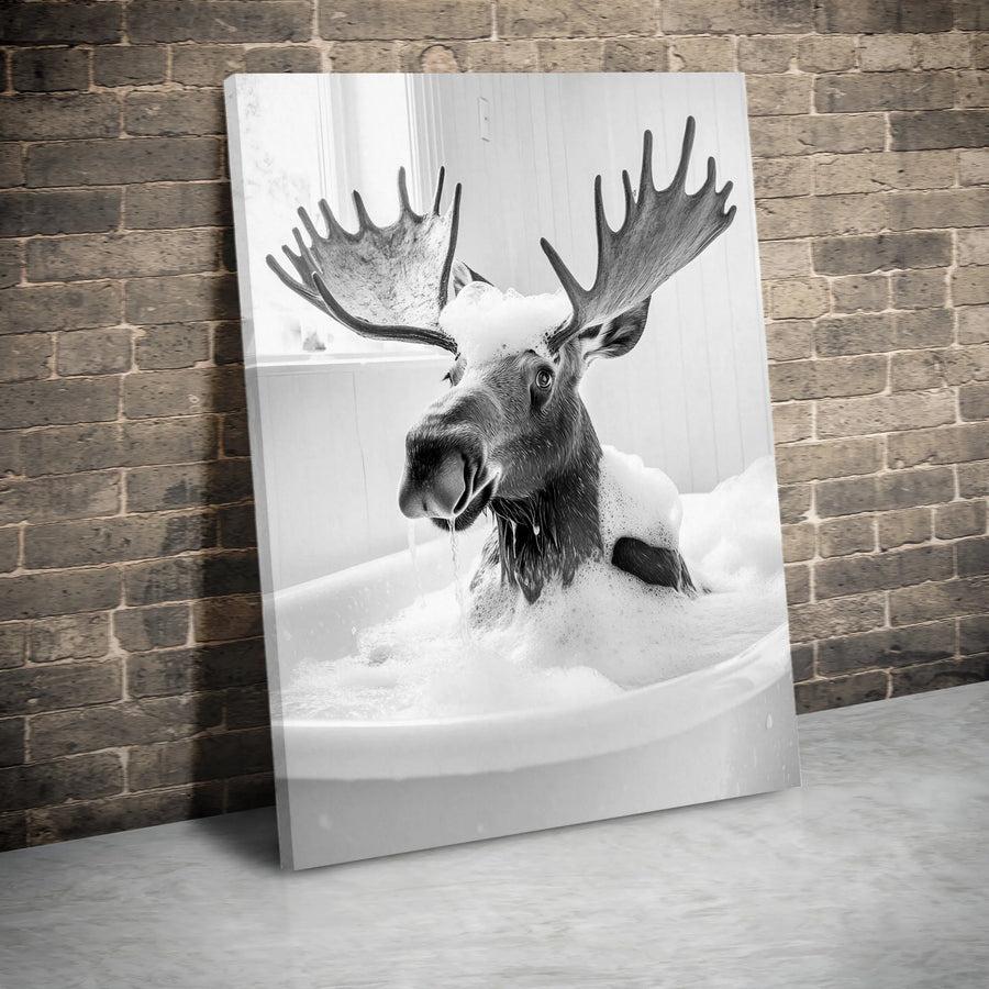 Moose in Bathtub Wall Art | Whimsical Animal Bathroom Decor | 1.25 Inch Premium Canvas | Funny Wildlife Home Gift