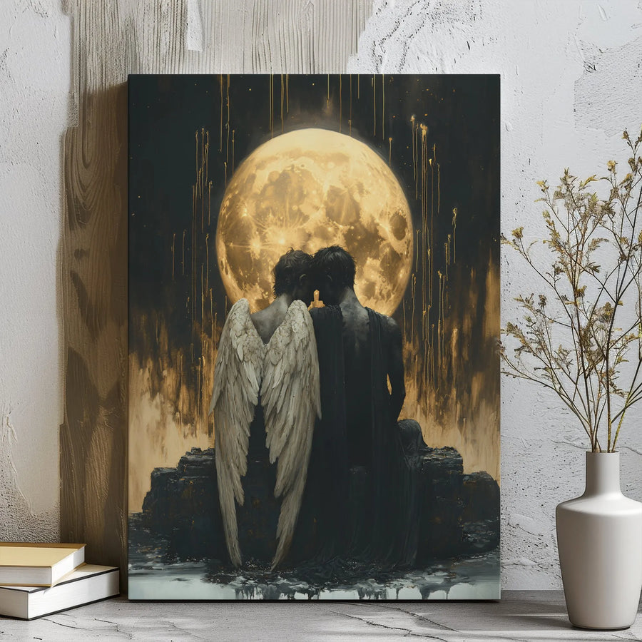 Angel and Demon Couple Canvas Art | Gothic Fantasy Moon Wall Decor | Premium 1.25 Inch Gallery Wrap | Romantic Dark Aesthetic Gift for Lovers