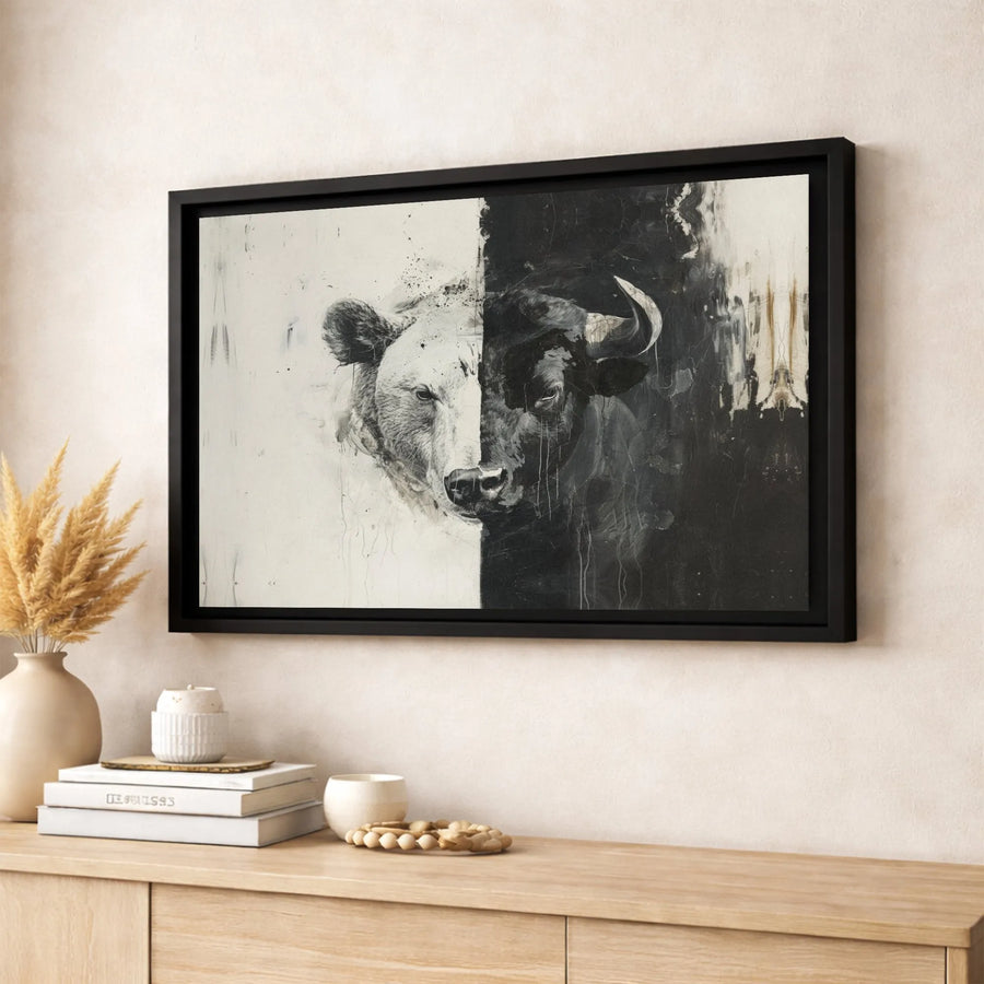 Bear and Bull Split Canvas Print | Abstract Stock Market Wall Art | Premium Gallery-Wrapped Canvas | Finance Office Decor Gift