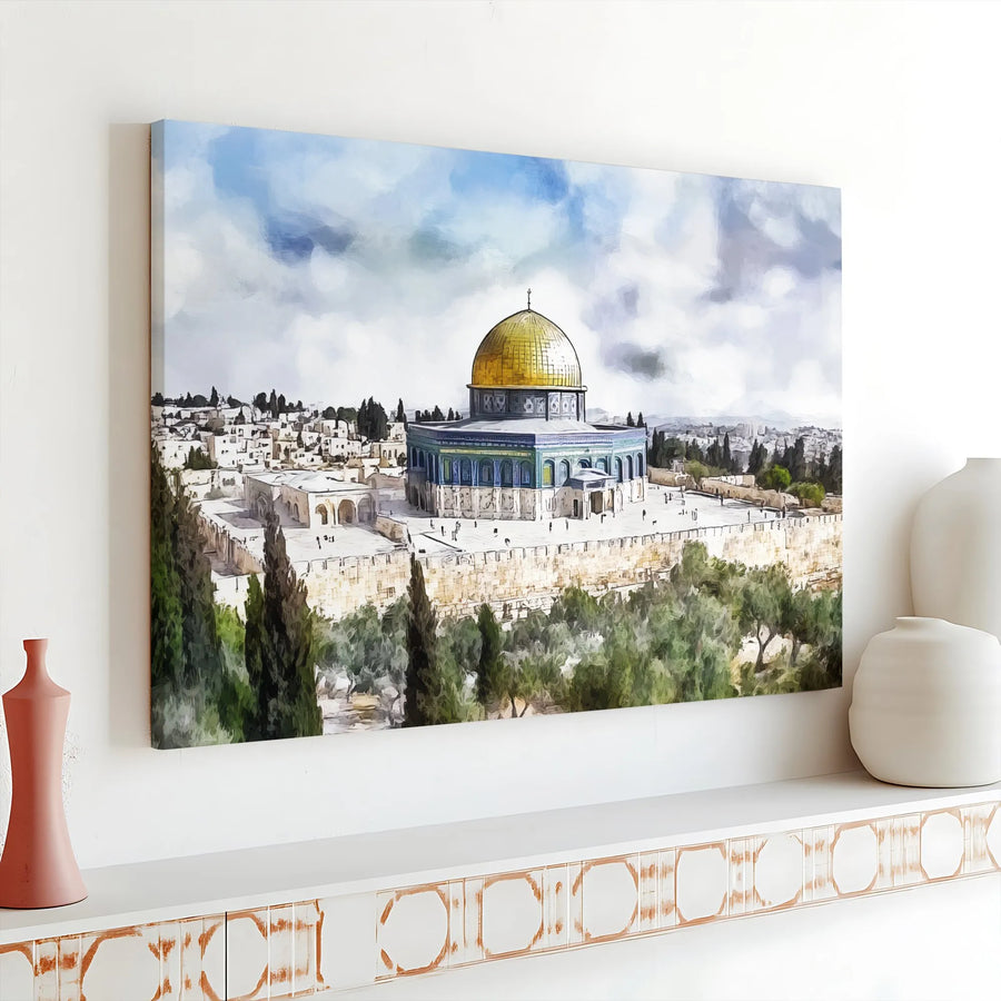 Dome Of The Rock Canvas Print | Jerusalem Watercolor Landmark Art | Premium Gallery Wrapped Wall Decor | Holy Land Gift For Home Or Office