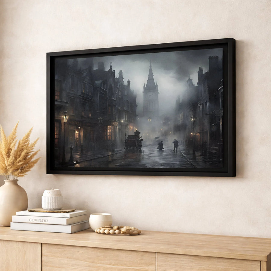 Victorian London Wall Art | Rainy Street Moody Cityscape | Premium Gallery Wrapped Canvas | Historical Home Decor Gift
