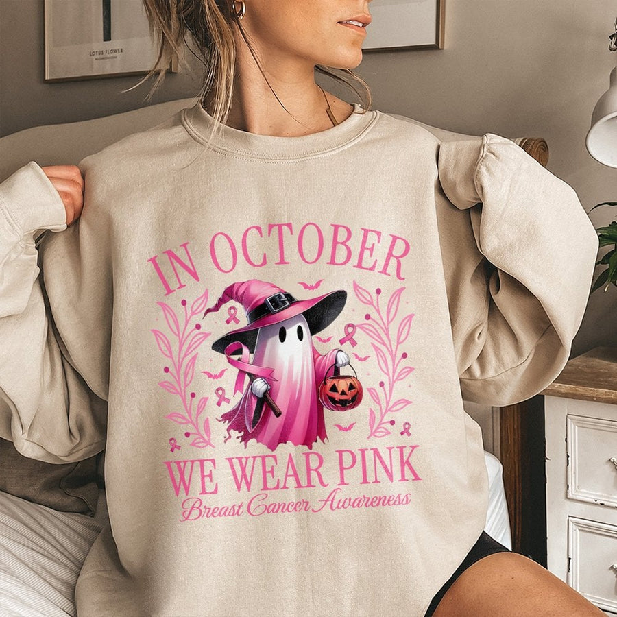 Breast Cancer Awareness Sweatshirt | In October We Wear Pink Ghost Design | Premium Cotton Blend | Halloween Cancer Support Gift For Her
