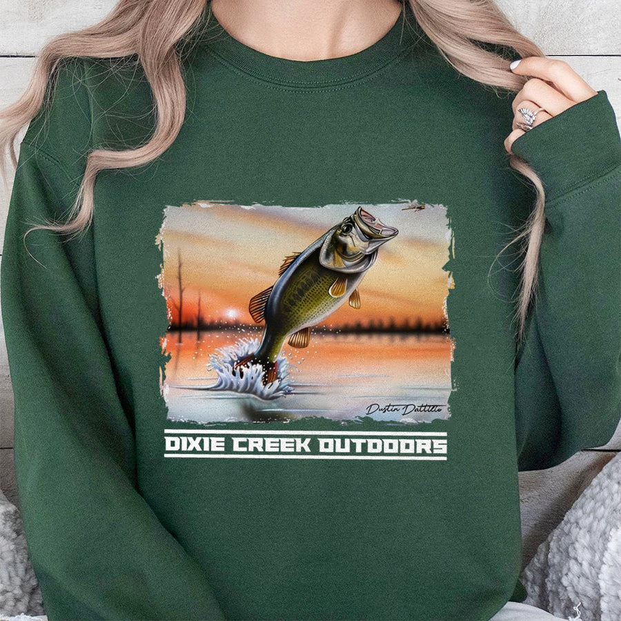 Dixie Creek Outdoors Bass Fishing Sweatshirt | Dynamic Sunset Lake Graphic | Premium Cotton-Blend | Gift For Anglers And Outdoorsmen