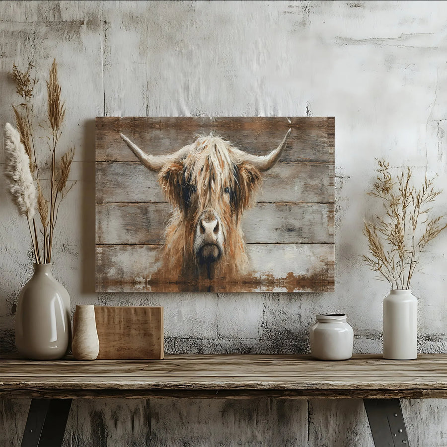 Highland Cow Canvas Wall Art | Rustic Shaggy Cow Portrait on Wood | Premium Gallery Wrapped Print | Farmhouse Living Room Decor & Gift