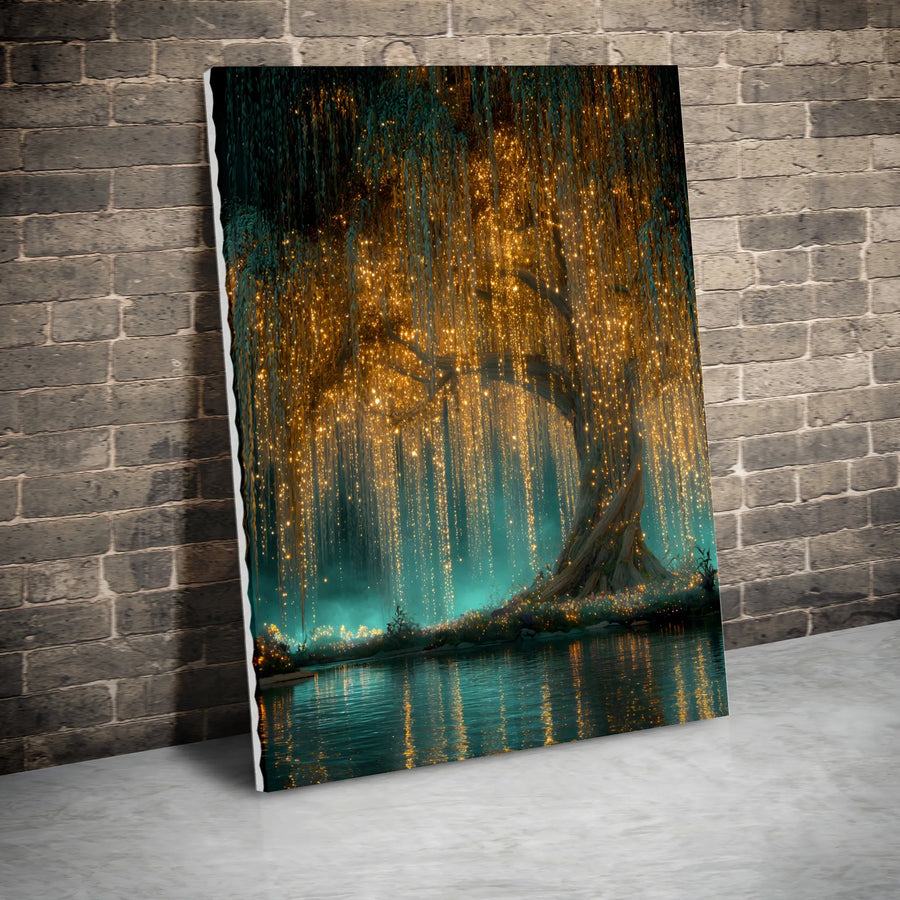 Enchanted Tree of Life Canvas Print | Glowing Weeping Willow with Fairy Lights | Premium Gallery Wrapped Canvas | Fantasy Living Room Decor Gift
