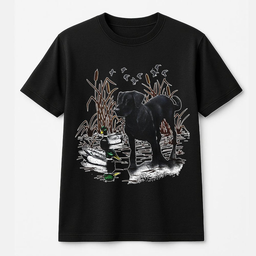 Black Labrador Retriever T-Shirt | Duck Hunting Nature Graphic Tee | Premium 100% Cotton | Wildlife Art Lover Gift for Men and Women