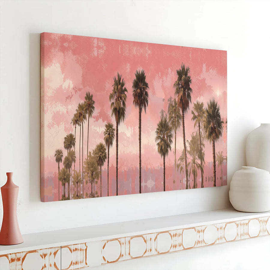 Palm Tree Canvas Wall Art | Retro Tropical Landscape with Pink Sky | Premium Gallery Wrapped Canvas | Boho Coastal Living Room Decor