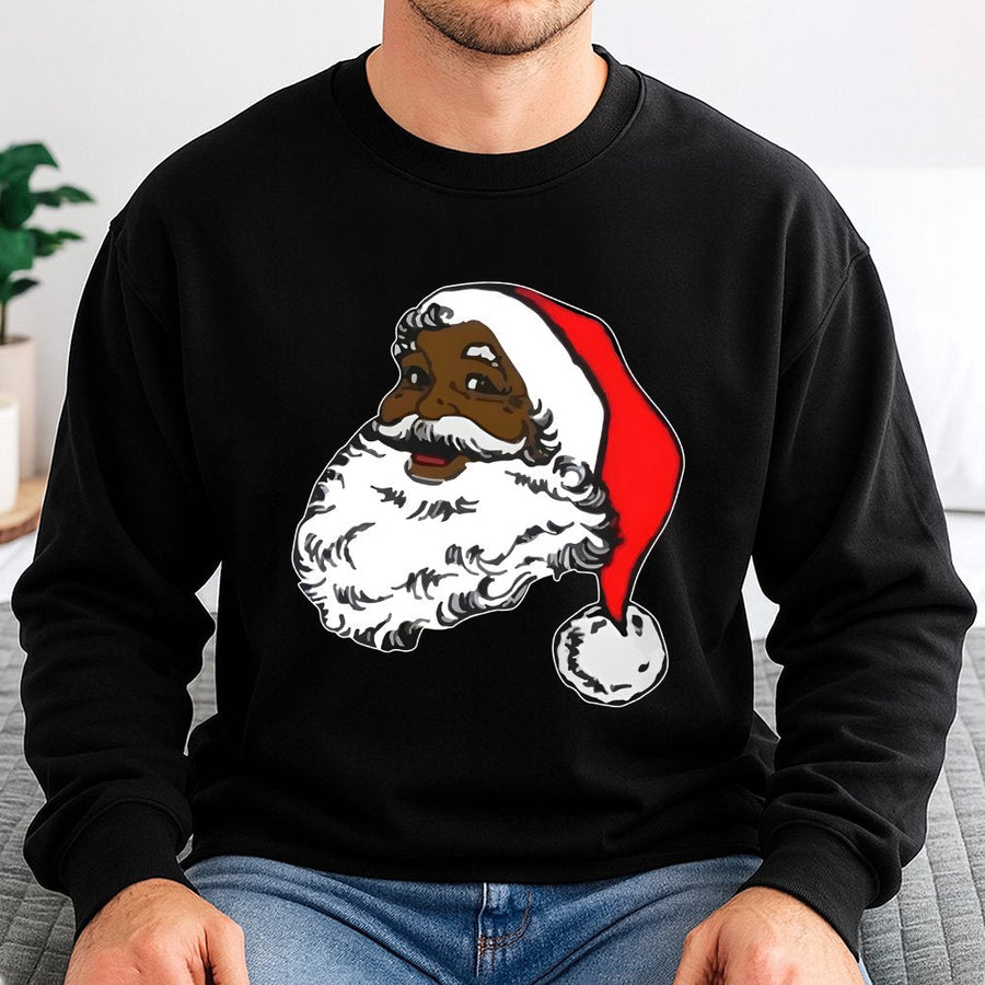 Black Santa Claus Sweatshirt | African American Christmas Holiday Graphic | Cotton Blend Unisex Apparel | Unique Xmas Gift for Men and Women
