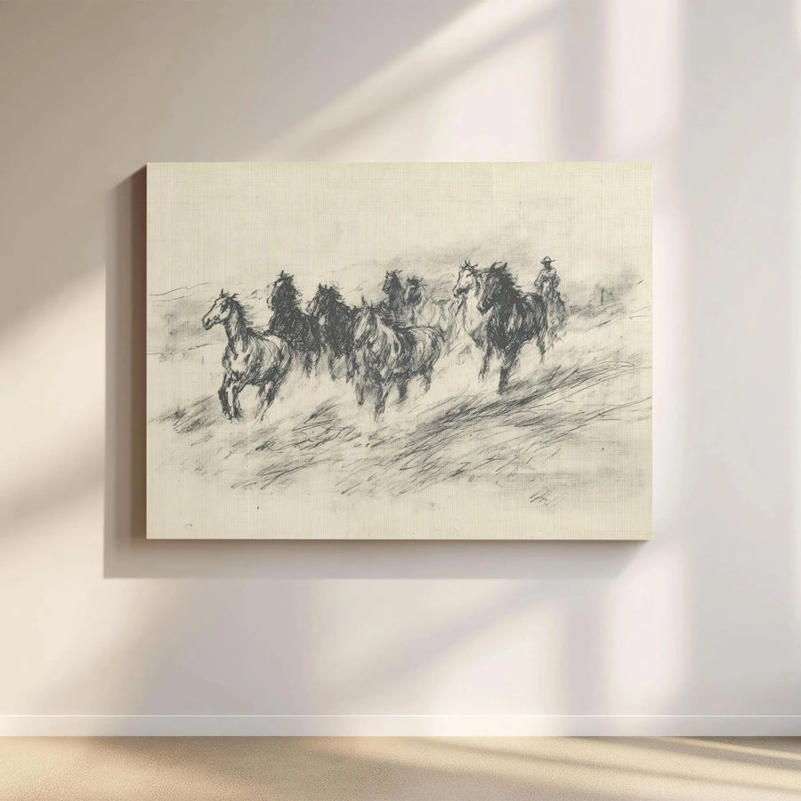 Western Running Horses Canvas Art | Cowboy Sketch Wall Decor | Gallery Quality Premium Print | Rustic Farmhouse Gift For Horse Lovers