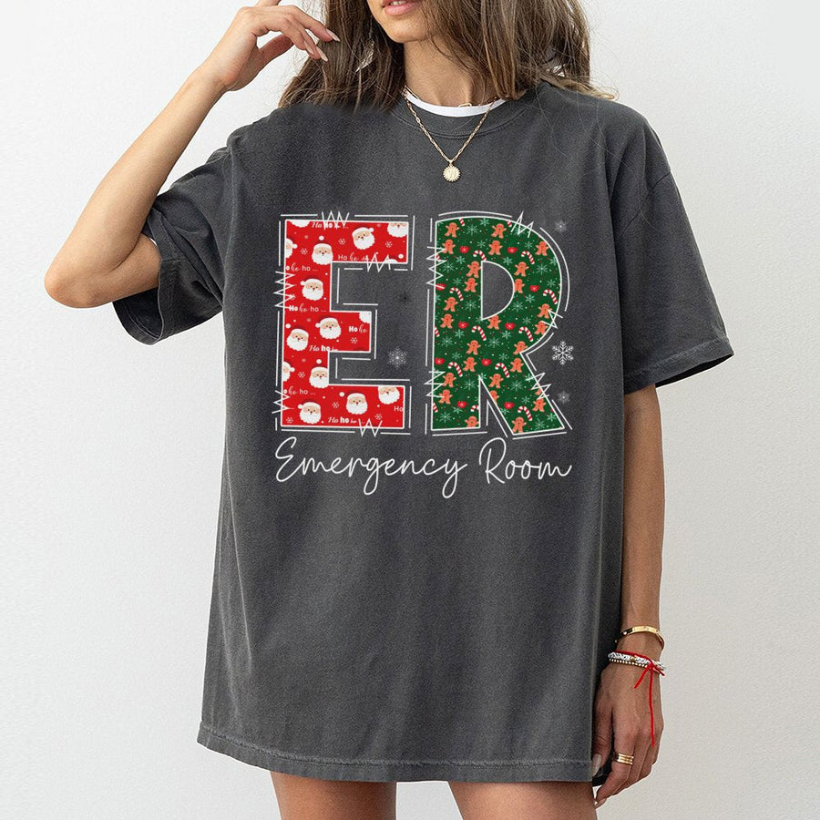 ER Emergency Room Christmas T-Shirt | Festive Medical Staff Holiday Graphic Tee | Premium Cotton Casual Wear | Perfect Gift for ER Nurses and Doctors